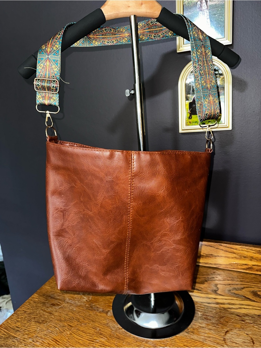 Bohemian Crossbody Bag with Patterned Adjustable Strap